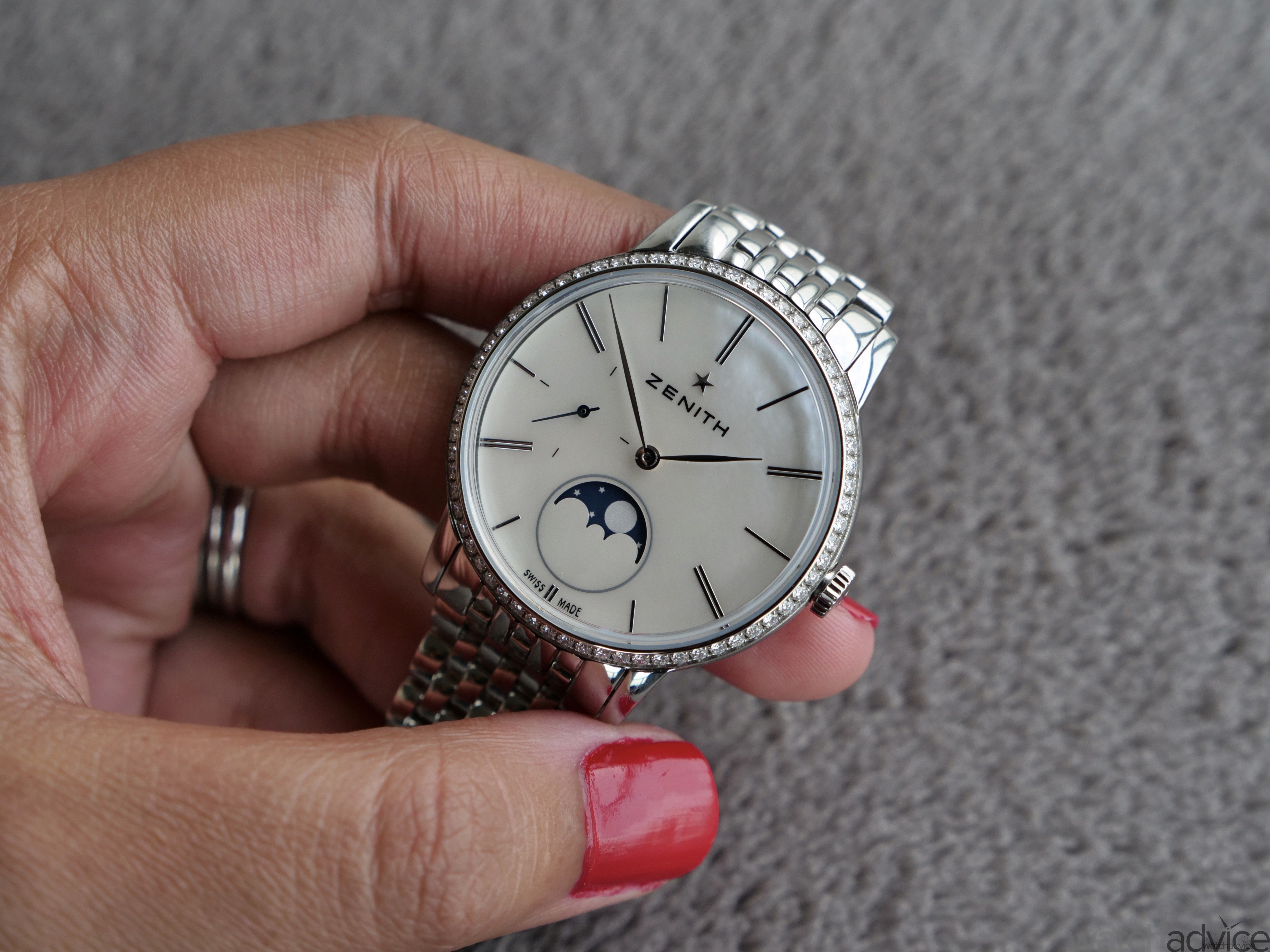 Zenith Elite Ultra Thin Lady Moonphase Mother of Pearl Diamond-Set  Stainless Steel Women's Watch 16.2320.692/80.M2320