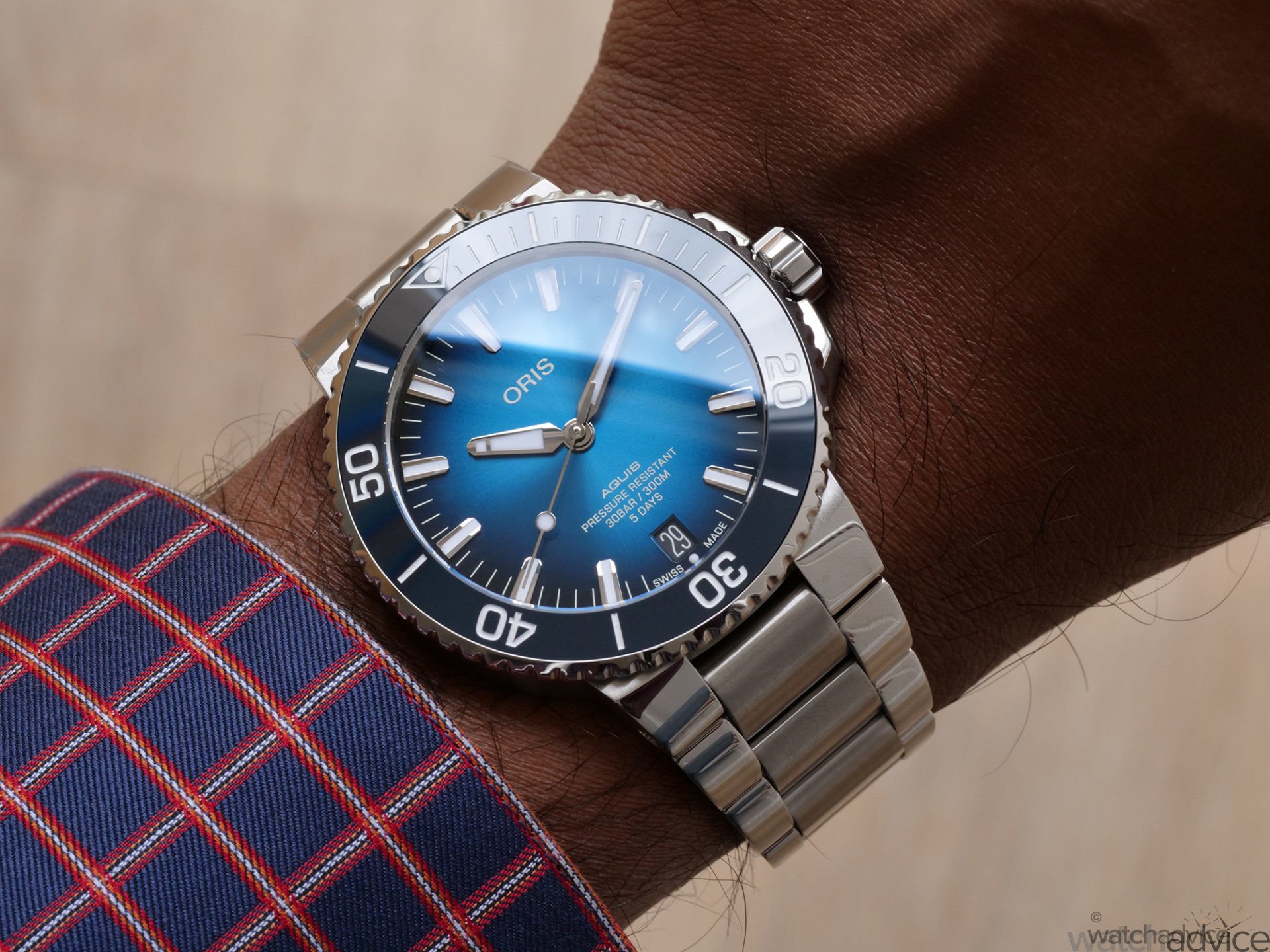 oris aquis date calibre 400 on wrist